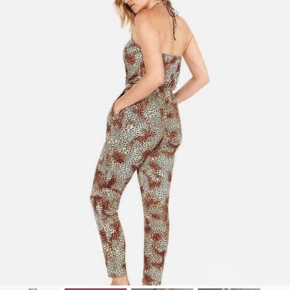 Express animal leopard cheetah print surplice halter jumpsuit- NWOT - Picture 2 of 6